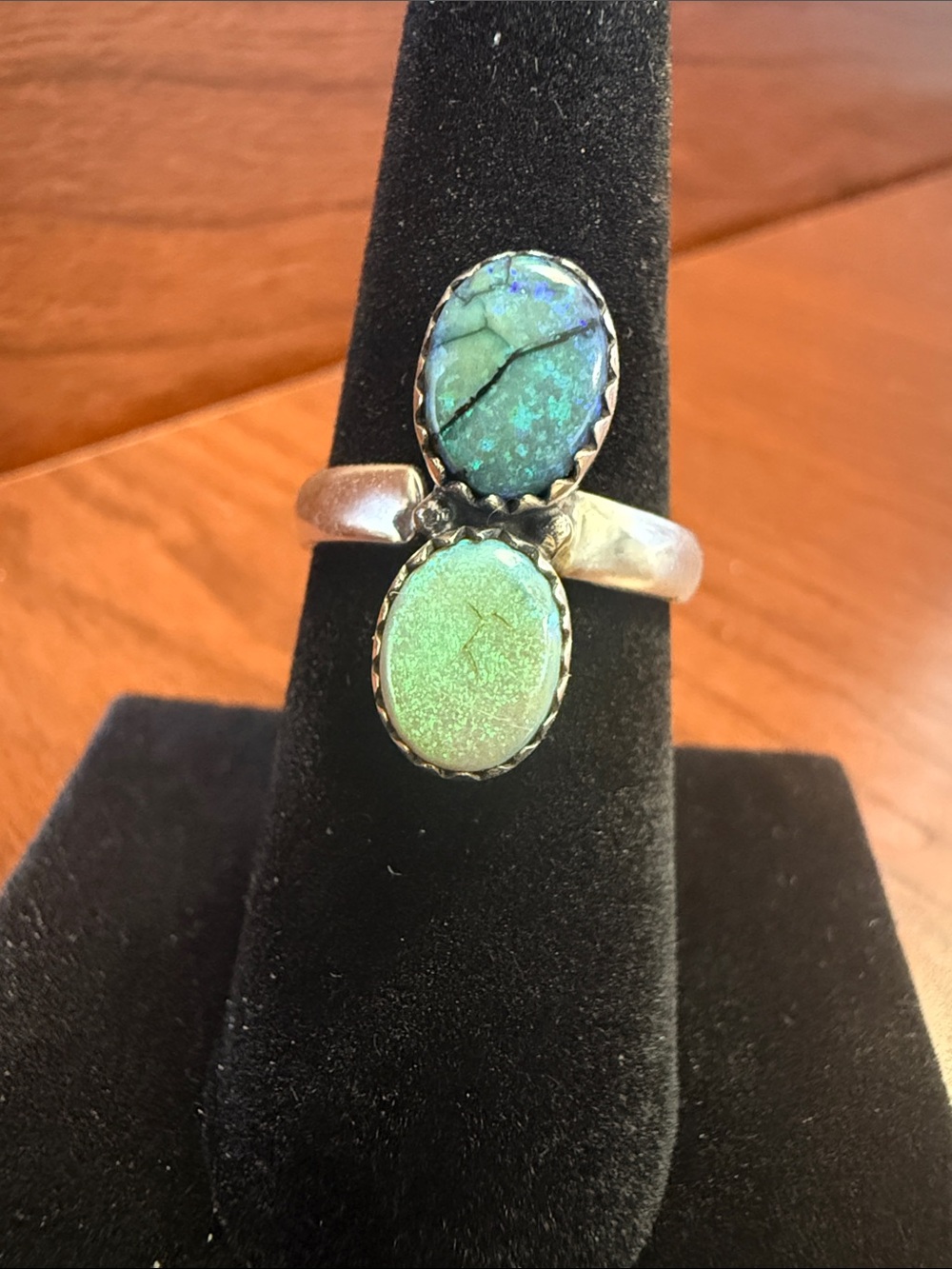 New 925 Sterling Silver Double Oval Green Spider Web Opal Ring Adjustable 4-6.5